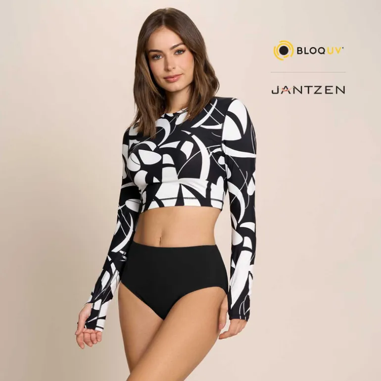 Jantzen BOTANICAL DOMINO CROPPED SWIM RASH GUARD TEE TOP^ Uv Apparel|Floral Print Suits