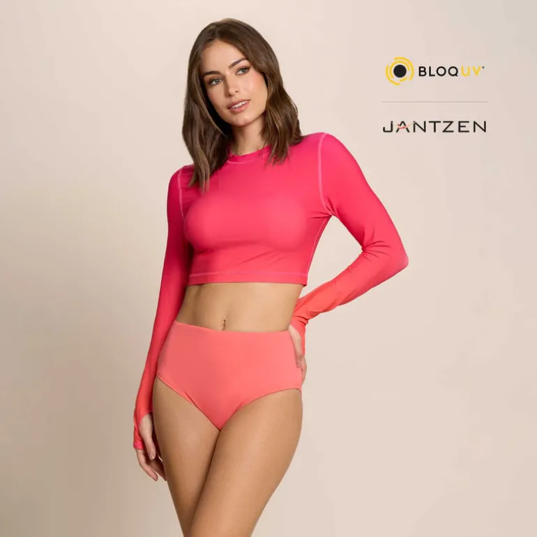 Jantzen FLOWERS OF THE SUN CROPPED SWIM RASH GUARD TEE TOP^ Uv Apparel|Solid Color Suits
