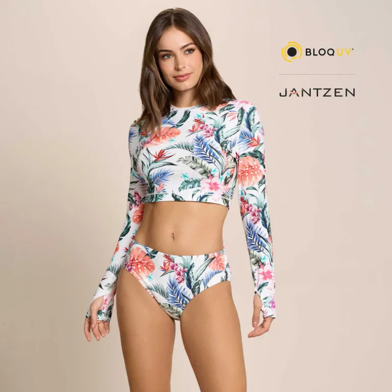 Jantzen HAWAIIAN TERRACE CROPPED SWIM RASH GUARD TEE TOP^ Uv Apparel|Floral Print Suits
