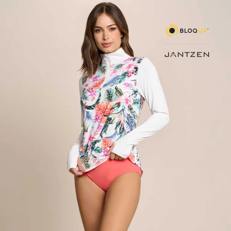 Jantzen HAWAIIAN TERRACE RELAXED MOCK NECK ZIP TOP^ Beachwear|Floral Print Suits