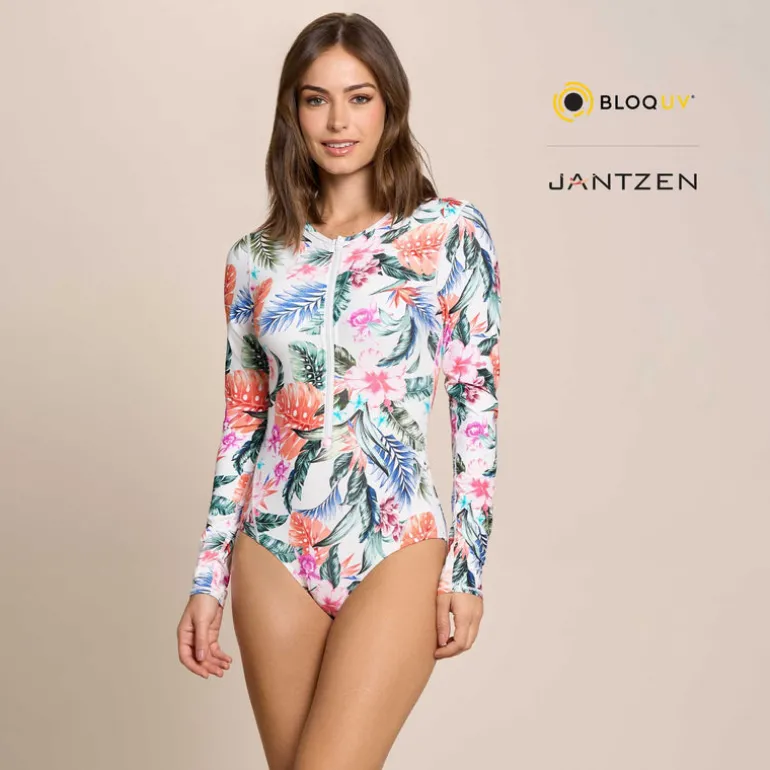 Jantzen HAWAIIAN TERRACE WHOOPIE LONG SLEEVE ONE PIECE^ Uv Apparel|Floral Print Suits