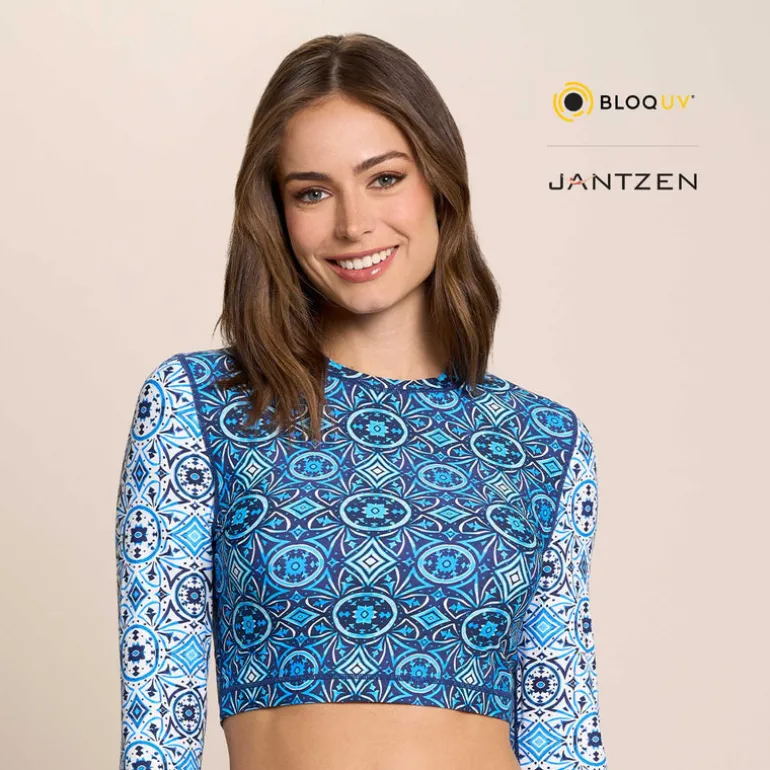 Jantzen MOROCCAN TILES CROPPED SWIM RASH GUARD TEE TOP^ Uv Apparel|Perfect Prints