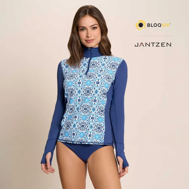 Jantzen MOROCCAN TILES RELAXED MOCK NECK ZIP TOP^ Perfect Prints|Coverups